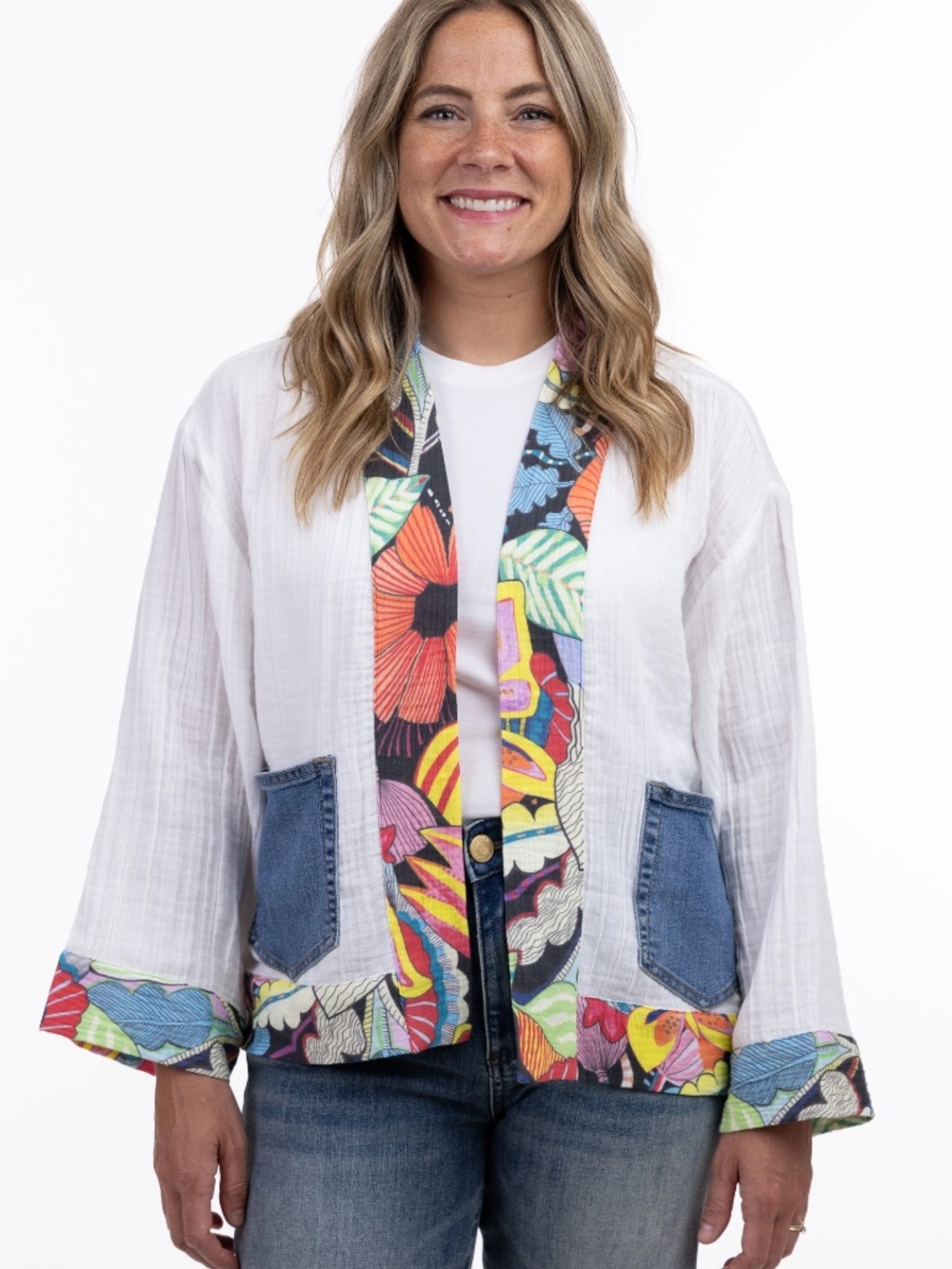 Shannon Passero open front Jacket with Colorful Floral Trim size OS